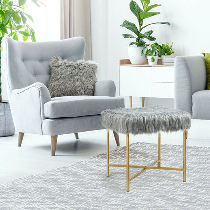 Faux Fur Ottoman Decorative Stool with Metal Legs