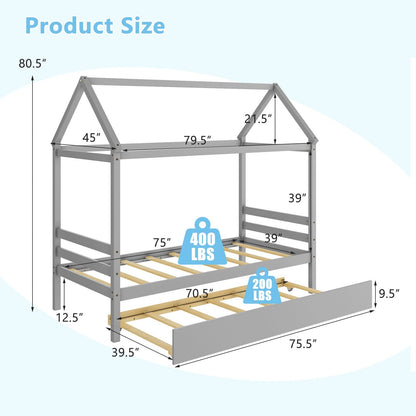 Kids Platform Bed Frame with Roof for Bedroom