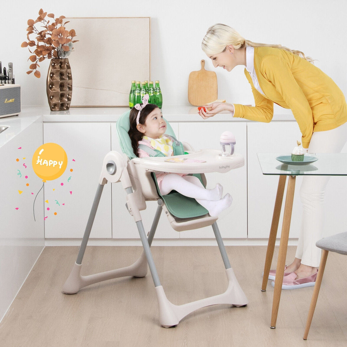 Baby Folding High Chair Dining Chair with Adjustable Height and Footrest-Green