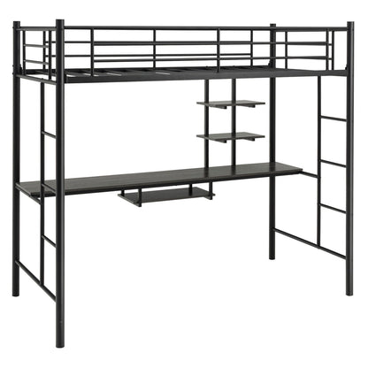 Twin Size Loft Bunk Bed with Desk Storage Shelf and Full Length Ladders-Black