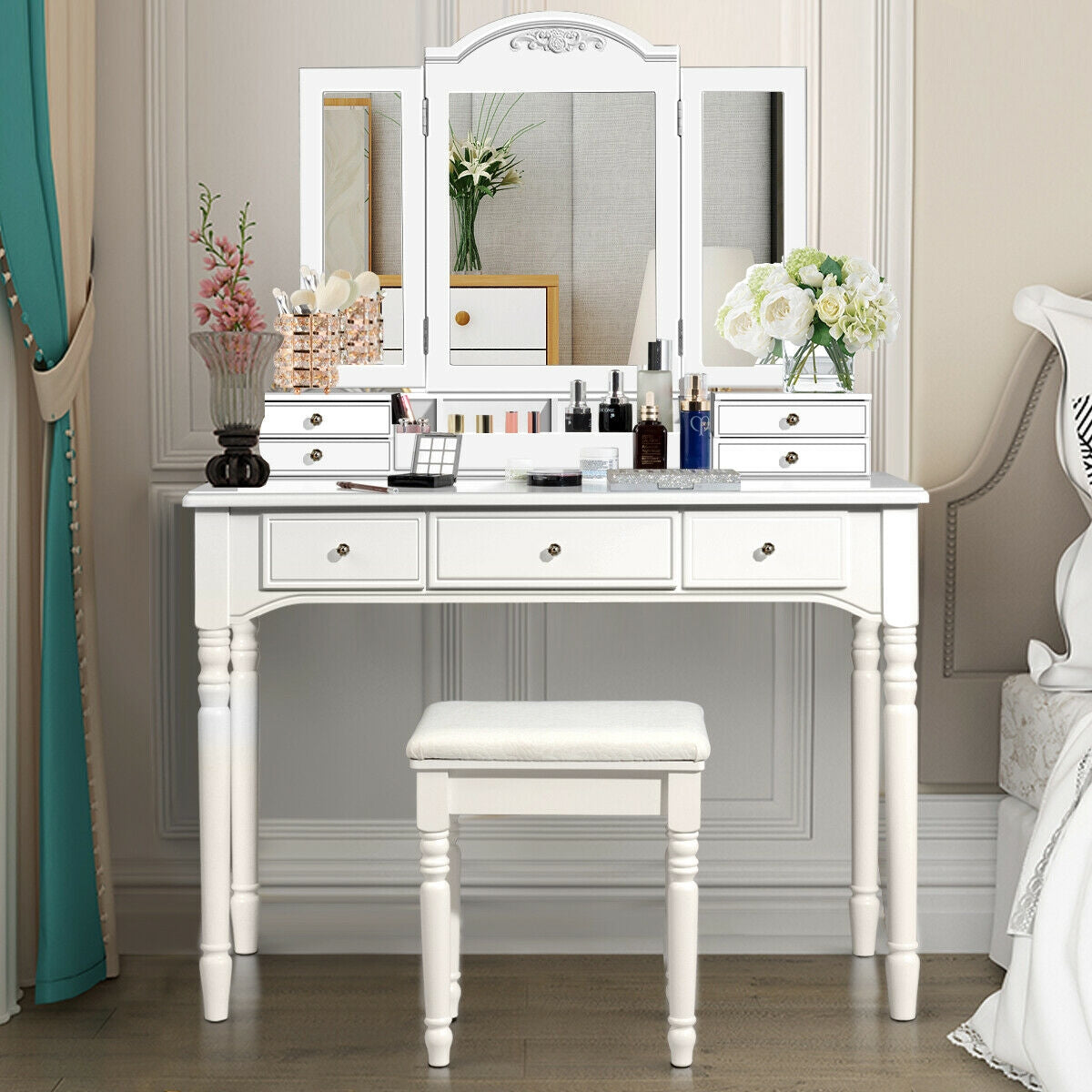 Makeup Dressing Table with Tri-Folding Mirror and Cushioned Stool for Women