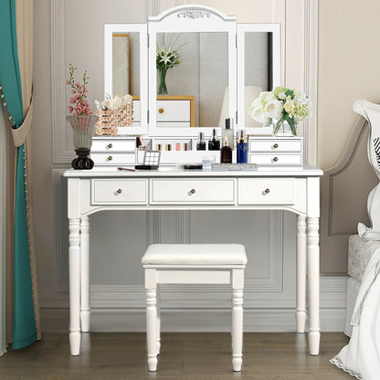 Makeup Dressing Table with Tri-Folding Mirror and Cushioned Stool for Women