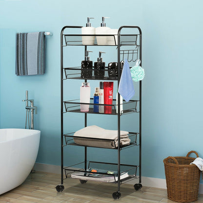5 Tier Mesh Rolling File Utility Cart Storage Basket-Black