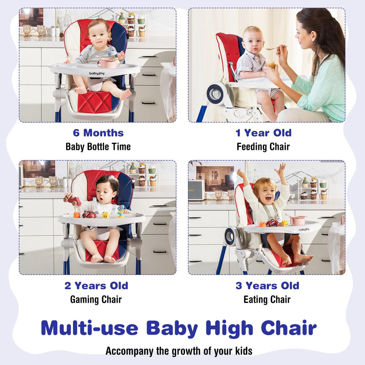 Baby High Chair Foldable Feeding Chair with 4 Lockable Wheels-Red