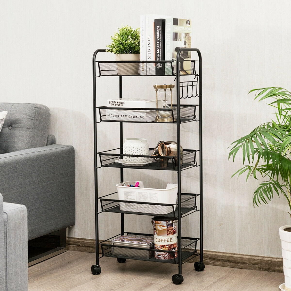 5 Tier Mesh Rolling File Utility Cart Storage Basket-Black