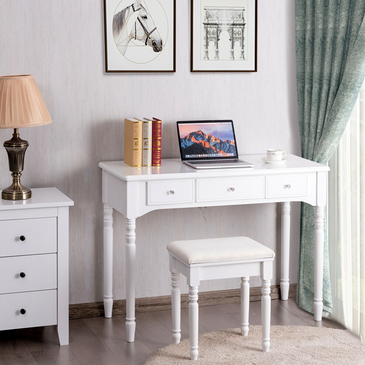 Makeup Dressing Table with Tri-Folding Mirror and Cushioned Stool for Women