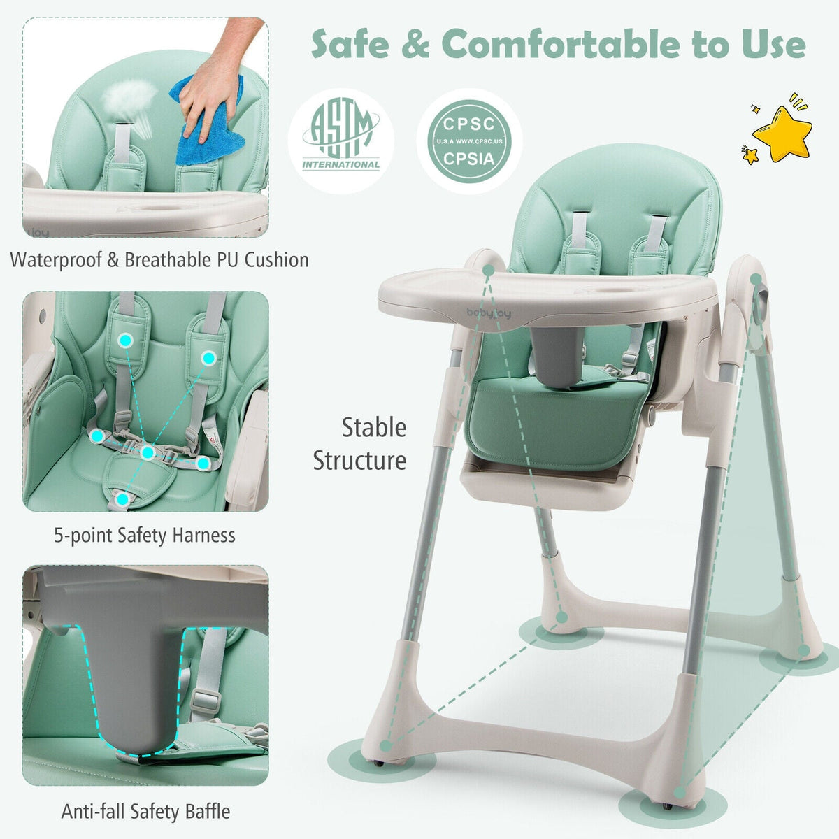 Baby Folding High Chair Dining Chair with Adjustable Height and Footrest-Green