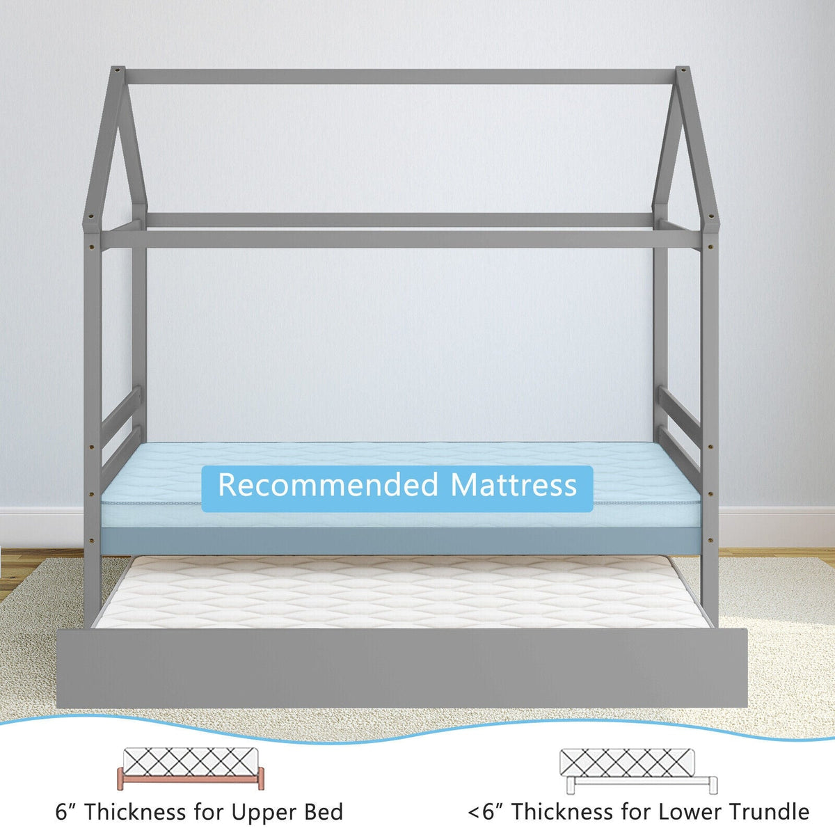 Kids Platform Bed Frame with Roof for Bedroom