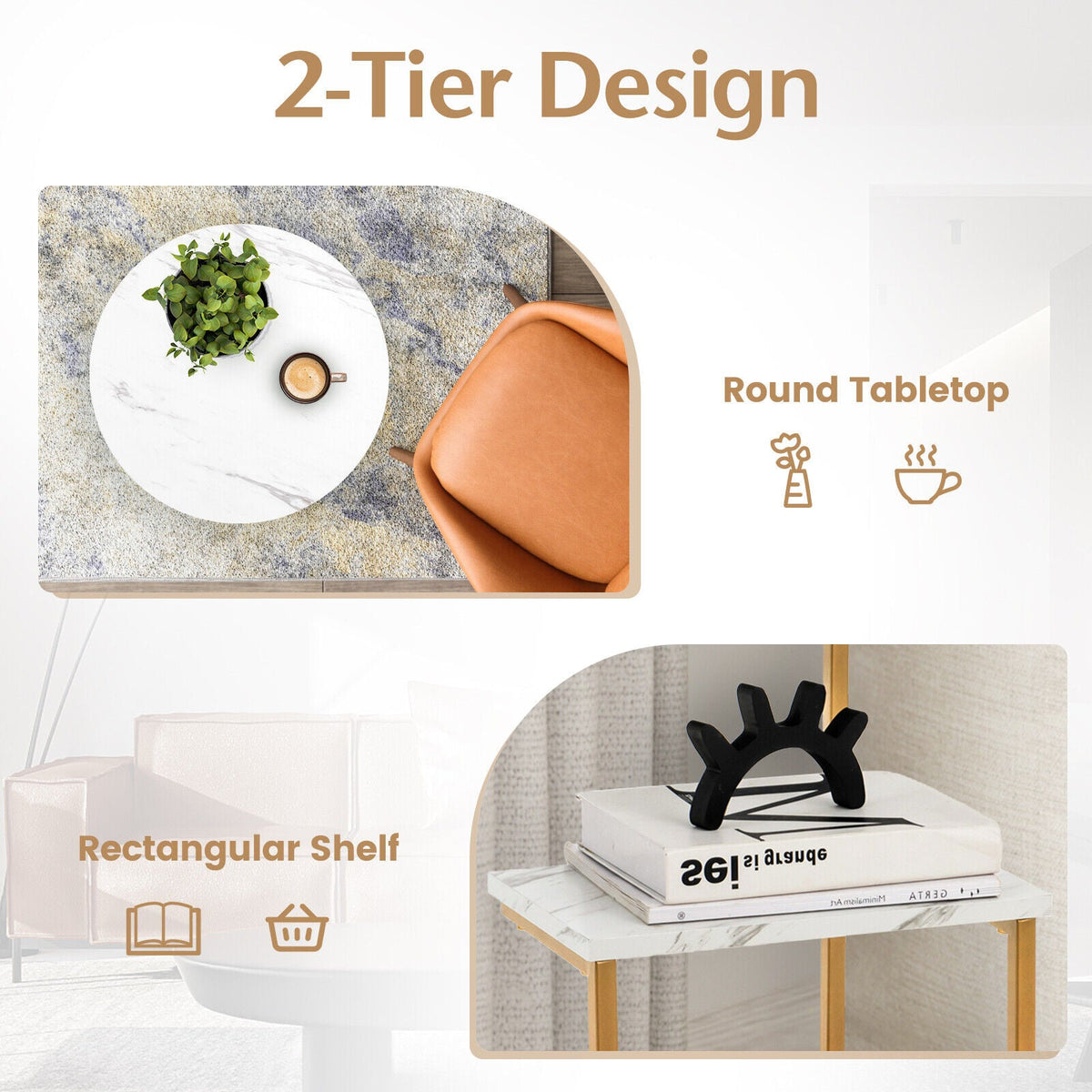 2-Tier Round End Beside Table with Metal Frame-White