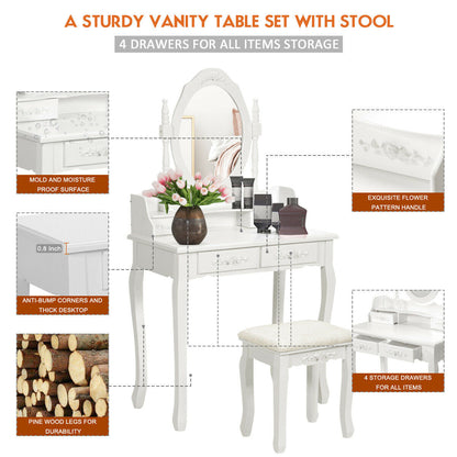 Vanity Table Set with Oval Mirror and 4 Drawers
