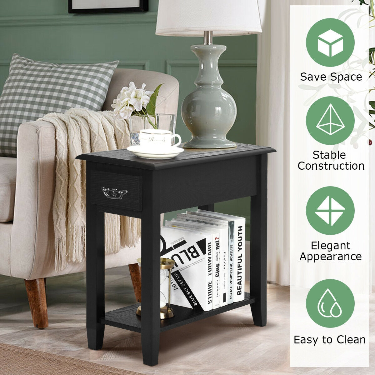 2 Pieces 2 Tier Sofa Side End Table with Drawer and Open Shelf