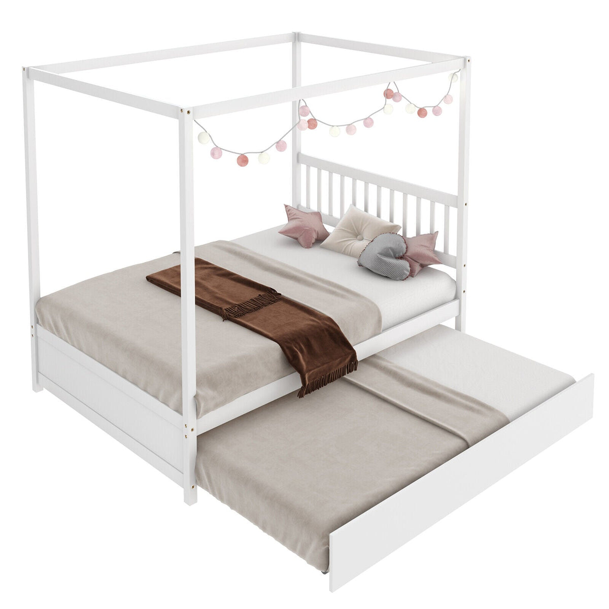 Full Size Canopy Bed with Trundle Wooden Platform Bed Frame Headboard