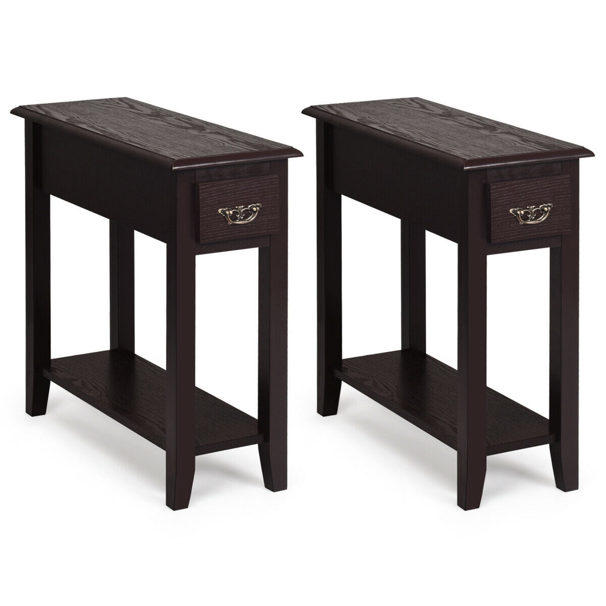 2 Pieces 2 Tier Sofa Side End Table with Drawer and Open Shelf