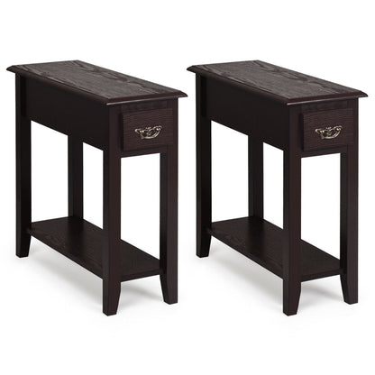 2 Pieces 2 Tier Sofa Side End Table with Drawer and Open Shelf
