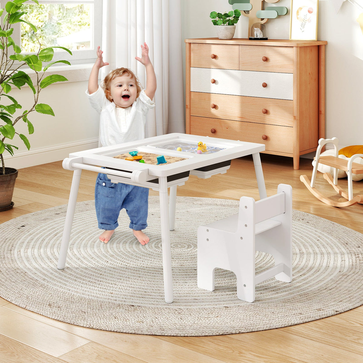Sensory Table and Chair Set for Kids 2-8 with Foldable Bins-White
