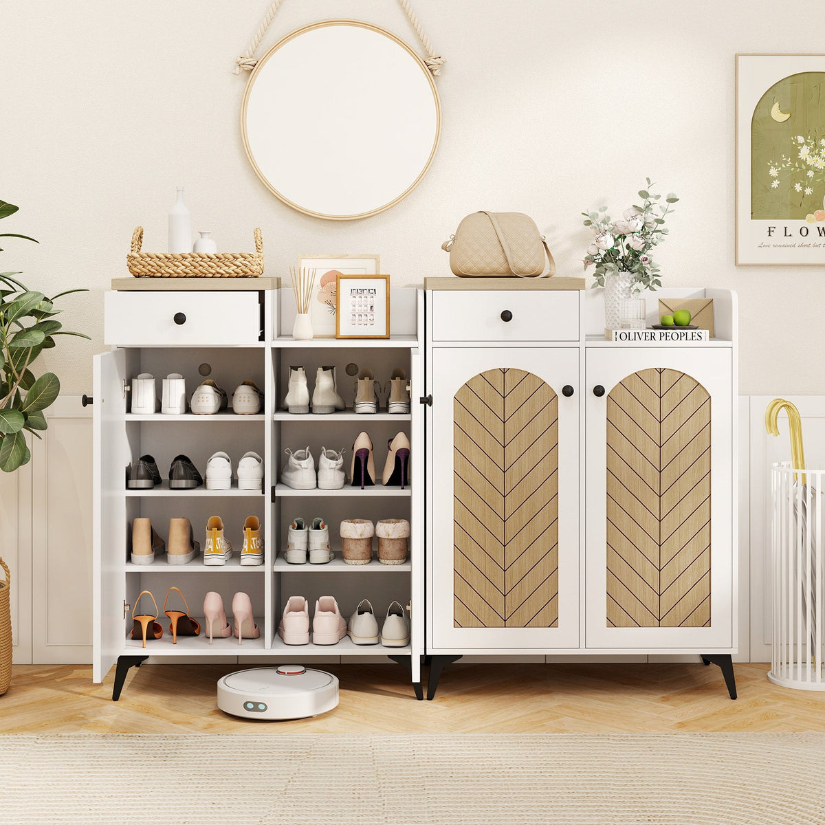 2-Door Shoe Rack Organizer with Drawer and 6 Removable Shelves-White