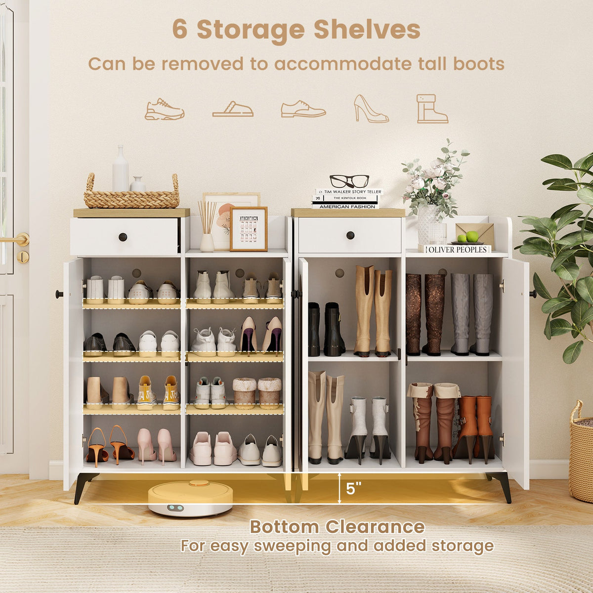 2-Door Shoe Rack Organizer with Drawer and 6 Removable Shelves-White