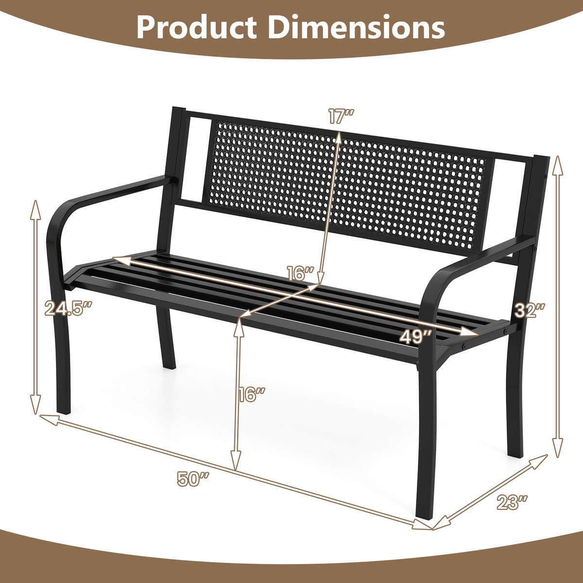 50 Inches Garden Bench with Patterned Backrest and Curved Armrests-Black