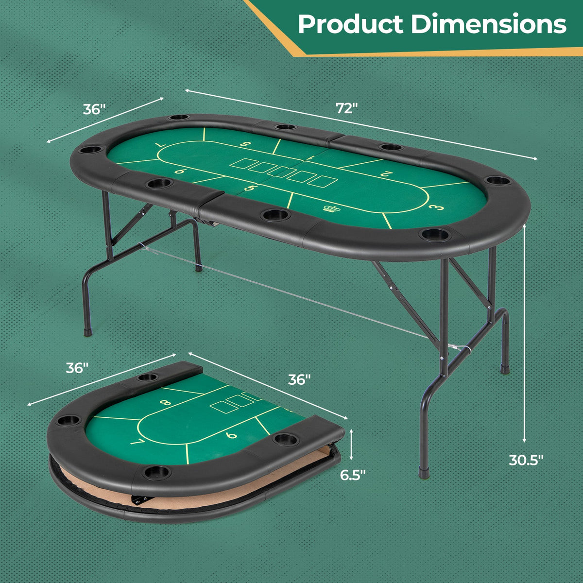 72 x 36 x 30.5 Inch Foldable Poker Table with 8 Cup Holders-Green
