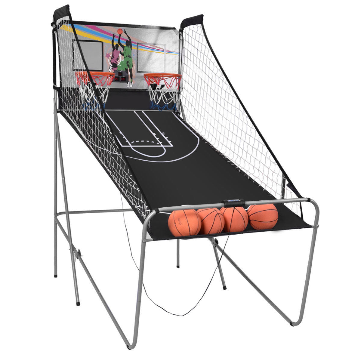 Foldable Double Electronic Basketball Game with 4 Balls Indoor-Gray
