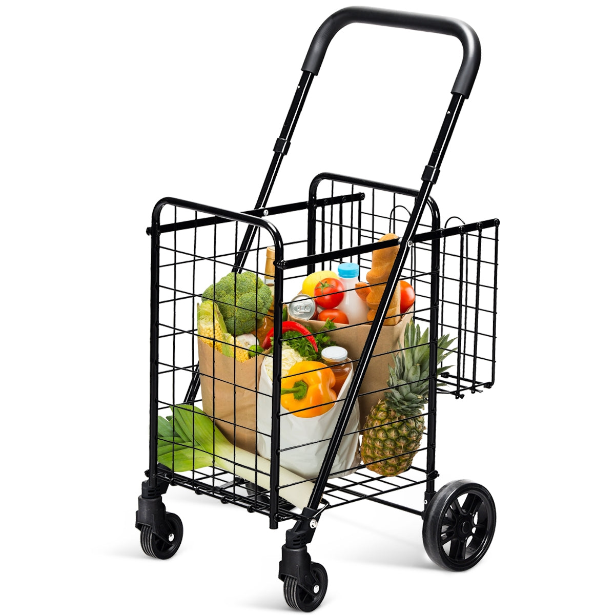 Folding Shopping Cart Basket Rolling Trolley with Adjustable Handle
