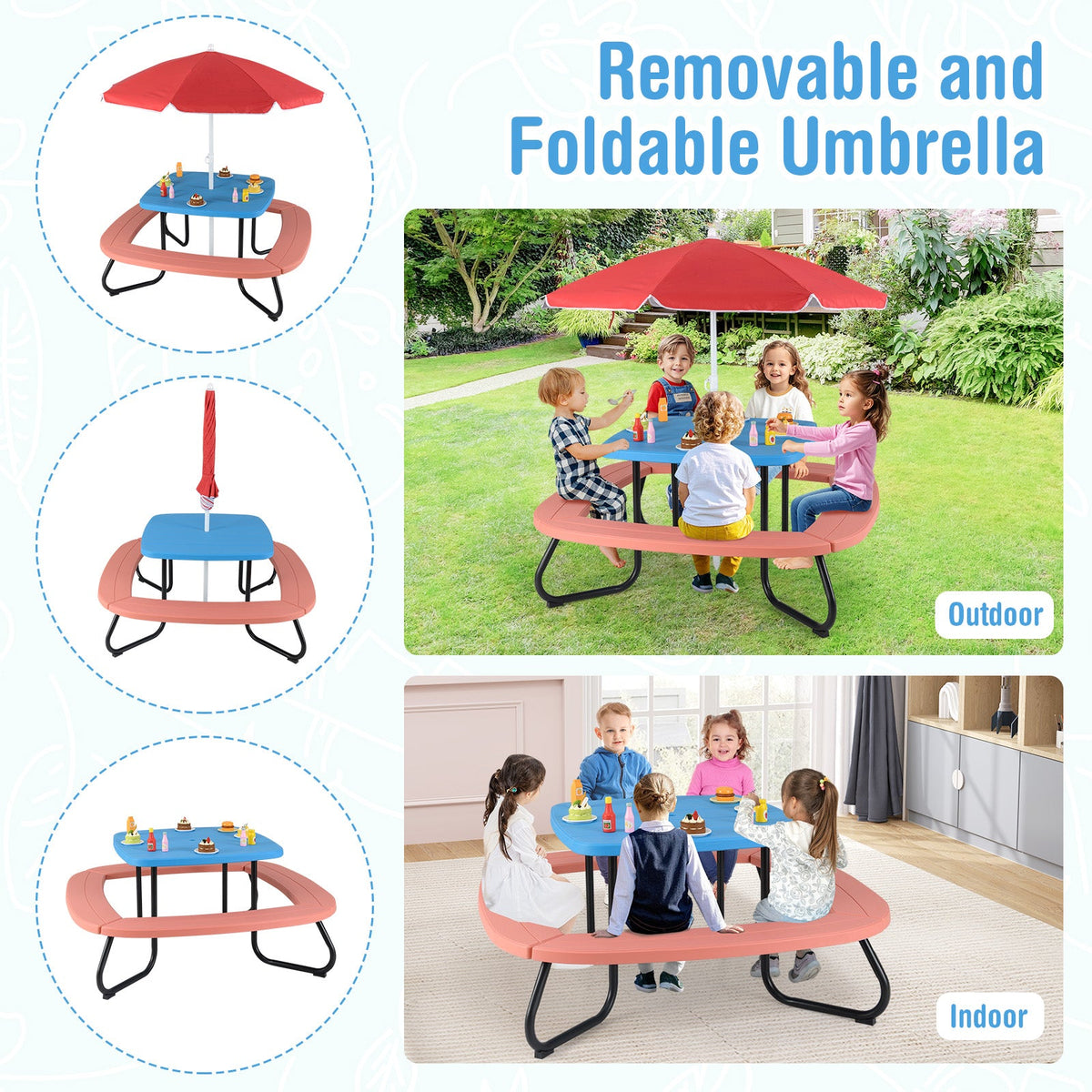 Toddler Outdoor Activity Table with Adjustable and Collapsible Umbrella-Blue