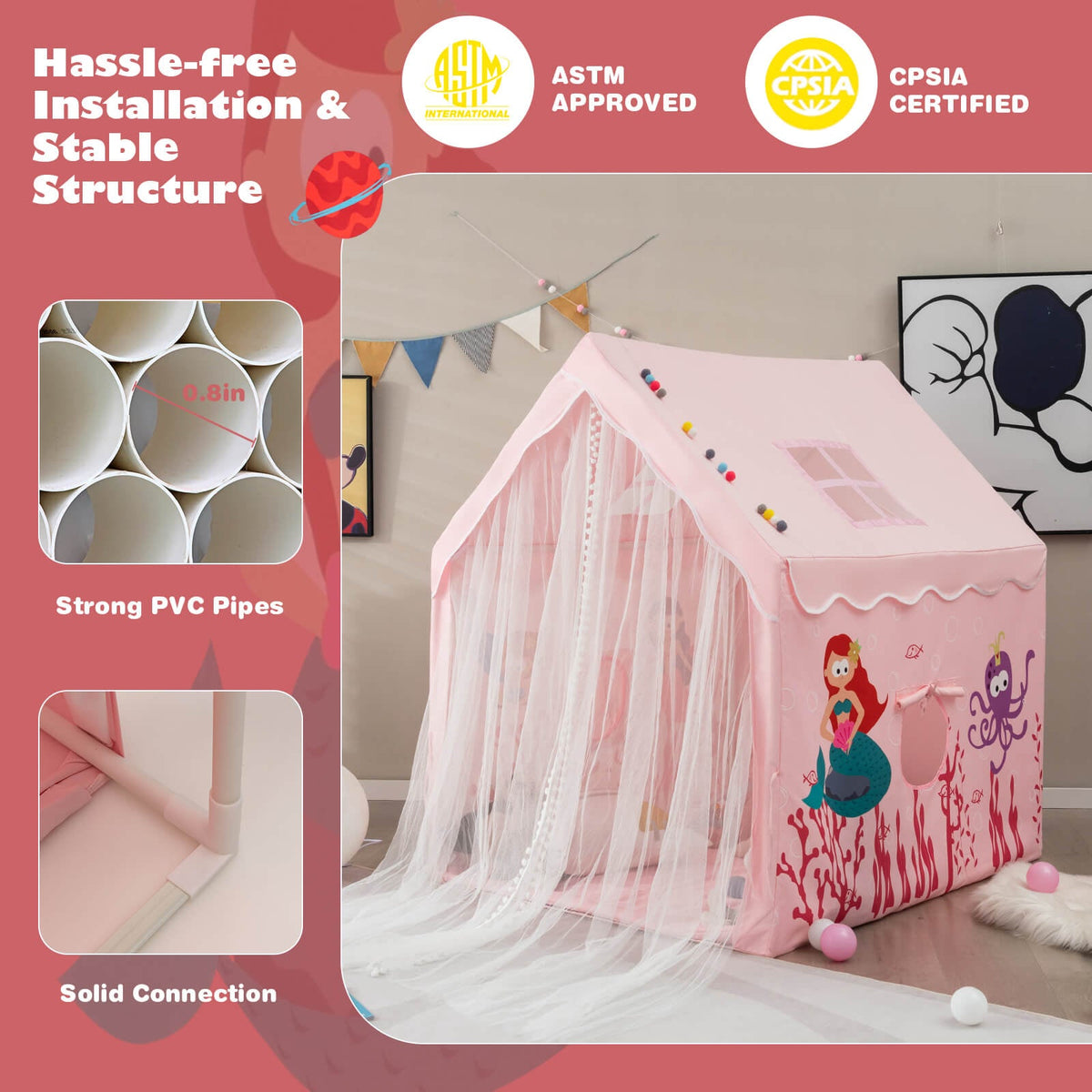Large Kids Play Tent with Removable Cotton Mat-Pink