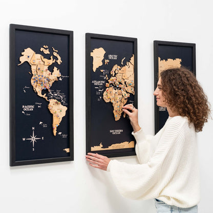 3D Wooden Triptych World Map Gold
