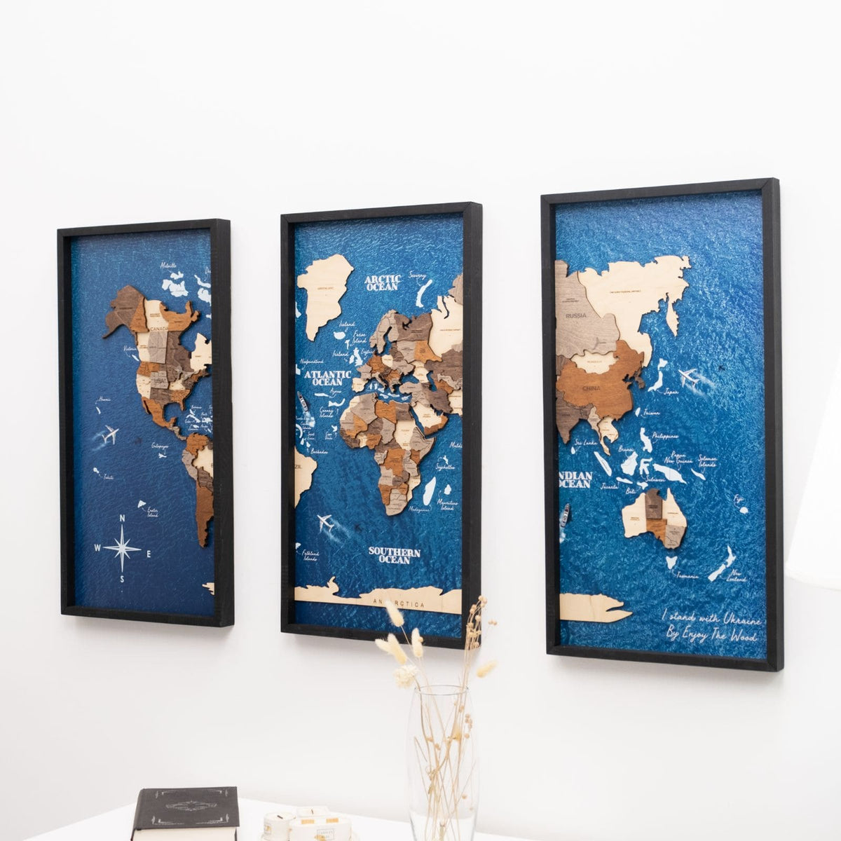 3D Wooden Triptych World Map Multicolor
