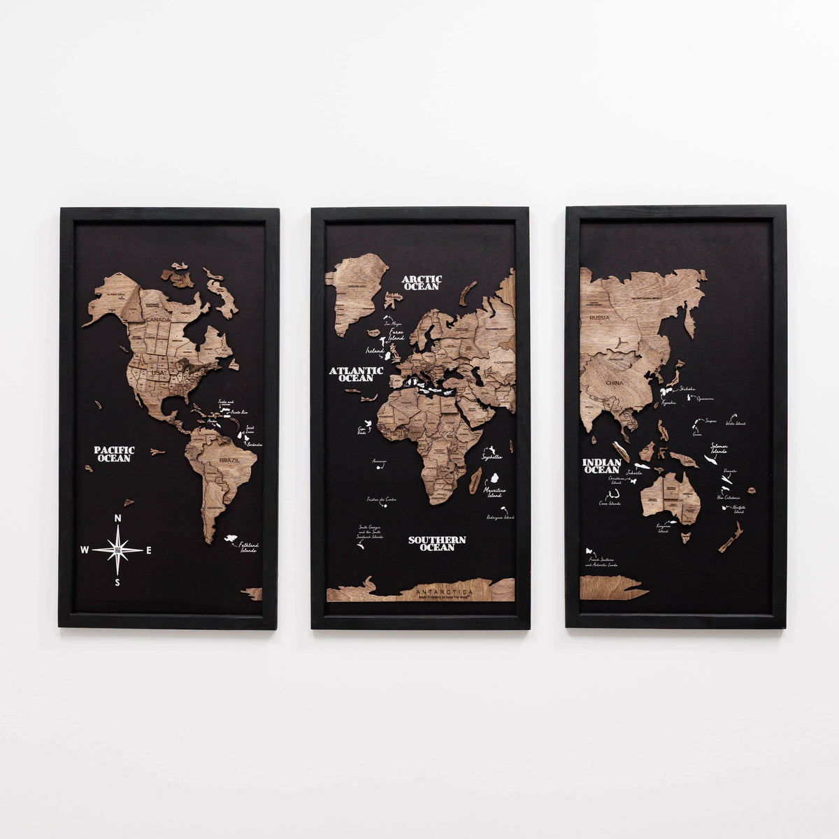 Triptych Wooden World Map (Dark Walnut)