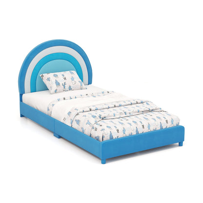 Twin Bed Frame with Height-Adjustable Headboard and Sturdy Wooden Slats-Blue
