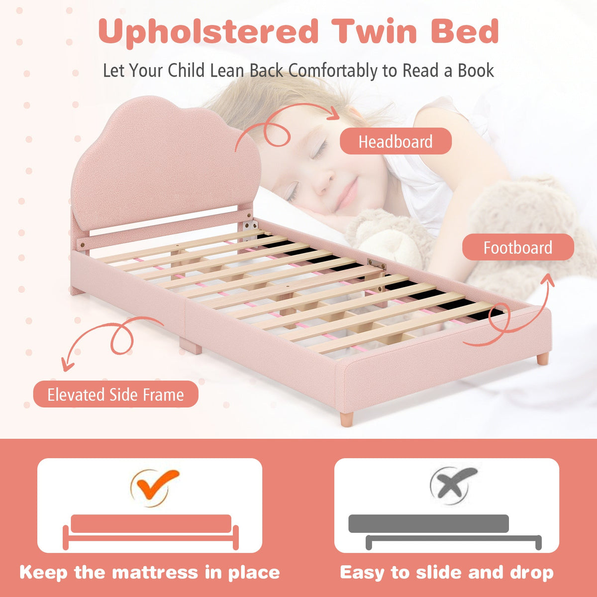 Twin Bed Frame with Height-Adjustable Headboard and Sturdy Wooden Slats-Gradient Pink