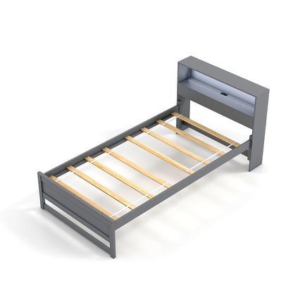 Twin Size Bed Frame with Storage Headboard and Charging Station