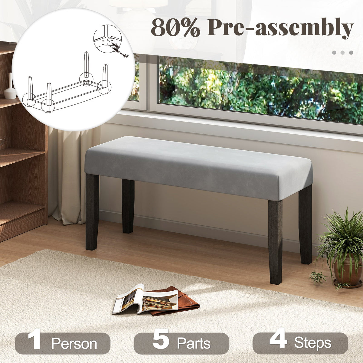 End of Bed Bench with Padded Seat and Solid Wood Legs-Gray