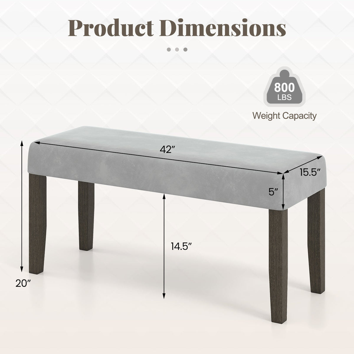 End of Bed Bench with Padded Seat and Solid Wood Legs-Gray