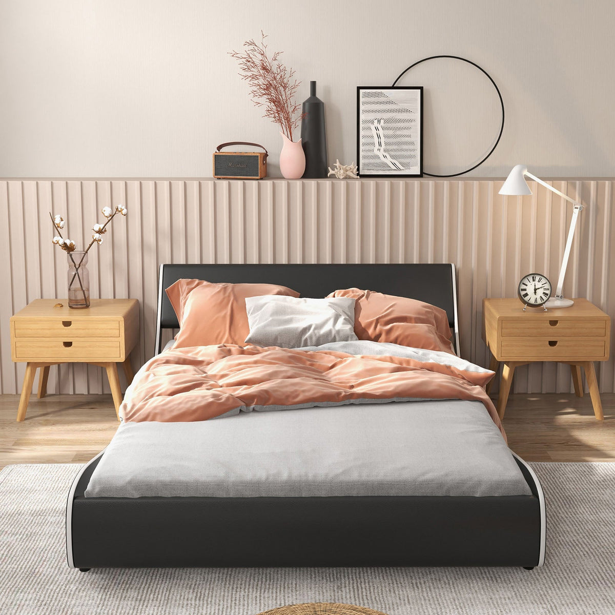 Upholstered Platform Bed Frame Low Profile Faux Leather with Curved Headboard