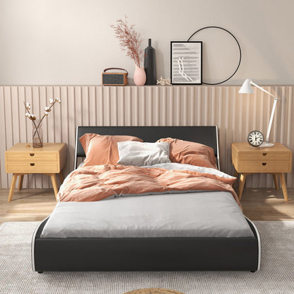 Upholstered Platform Bed Frame Low Profile Faux Leather with Curved Headboard