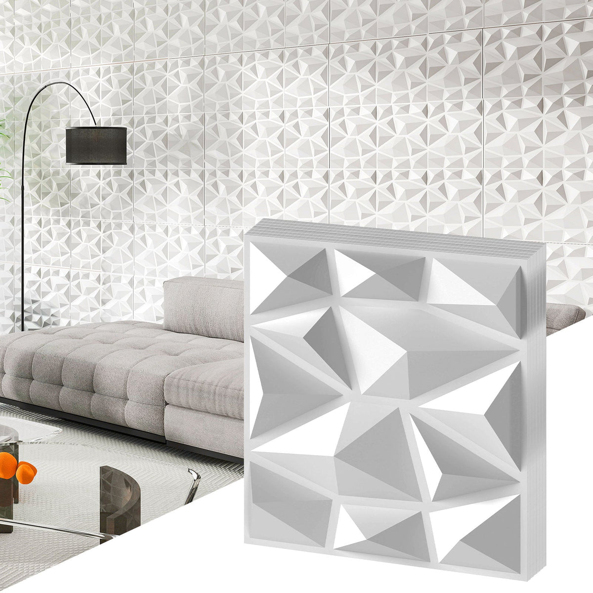50-Pack 3D Wall Panels PVC Interior Wall Decoration with Diamond Accent-White