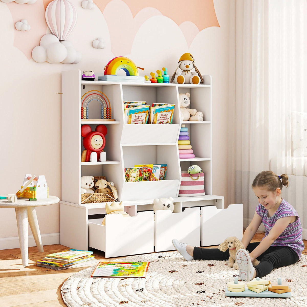 47" Children Bookcase Toy Storage Organizer Versatile Storage Cabinet-White
