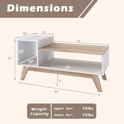 43 Inch Coffee Table with Stepped Tabletop and Storage Compartments-White