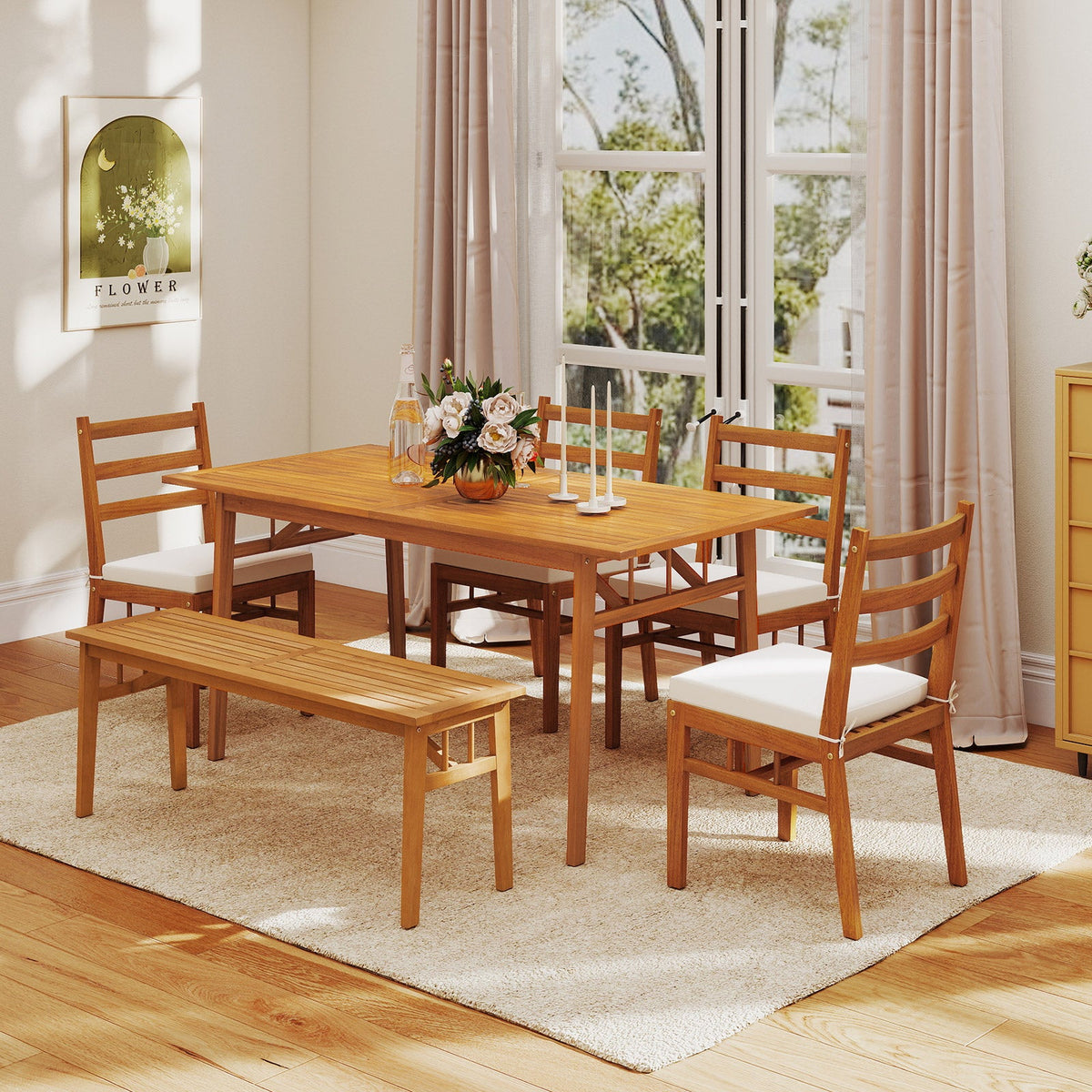 6 Pieces Patio Acacia Wood Dining Set with Bench Rectangular Table and Chairs