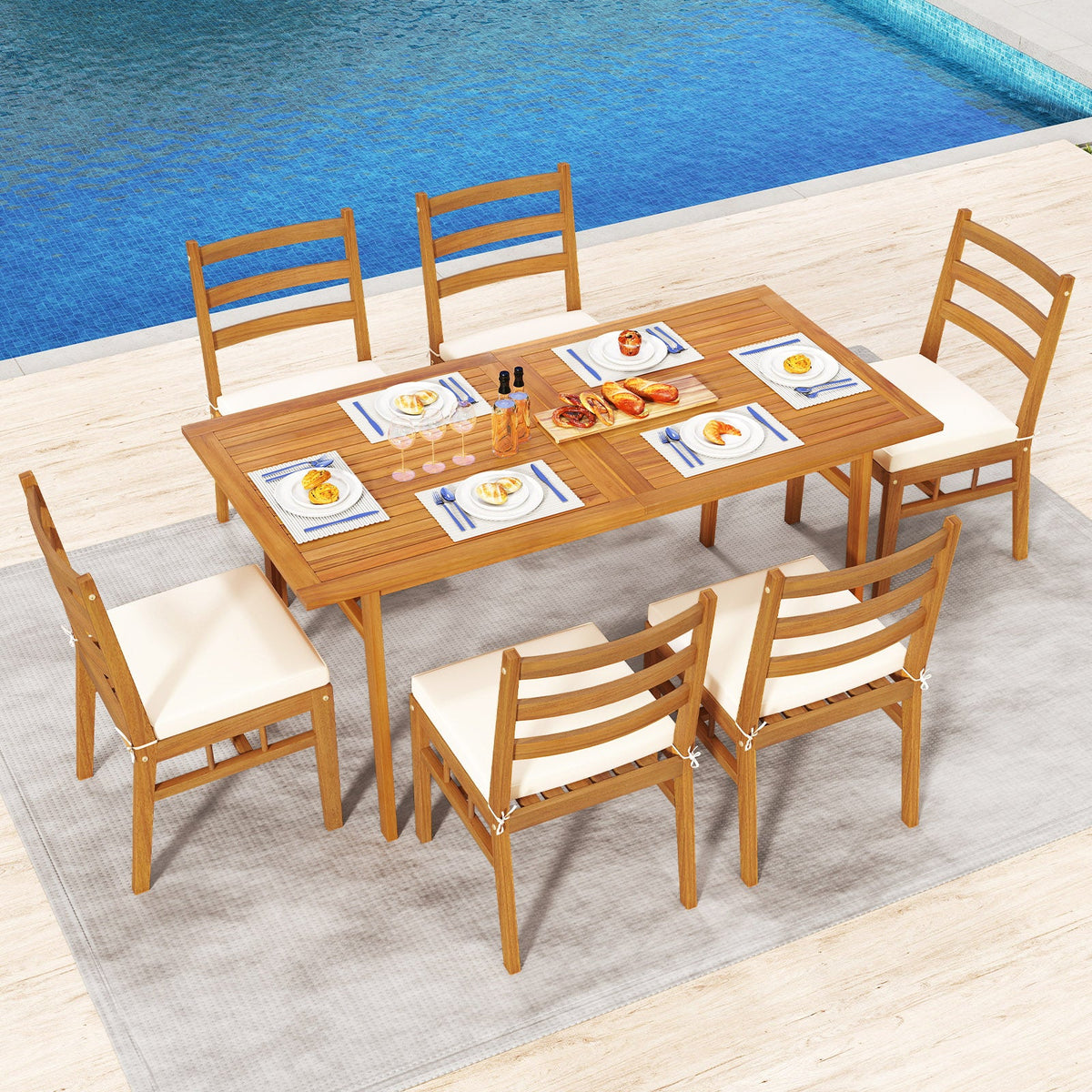 7 Pieces Patio Acacia Wood Dining Set Outdoor Rectangular Table and Chairs Set