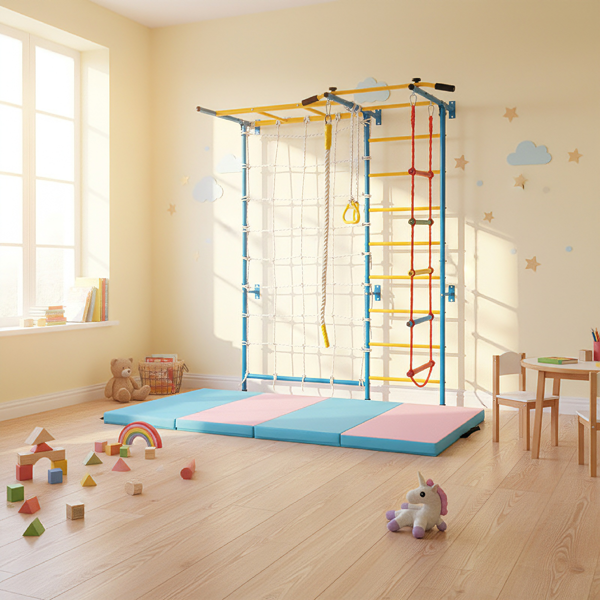 7-in-1 Swedish Ladder with Folding Gymnastics Mat for Solid Wall for Kids
