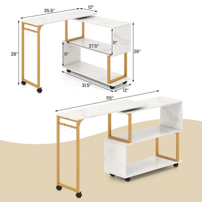 360¬∞ Rotating Sofa Side Table with Storage Bookcase and Hooks for Living Room-White