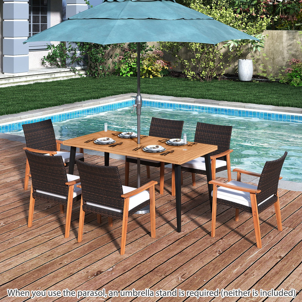 7-Pieces Patio Dining Table Set Acacia Wood Table and 6 Armchairs