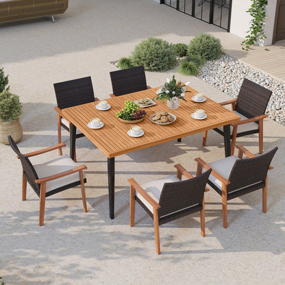 7-Pieces Patio Dining Table Set Acacia Wood Table and 6 Armchairs