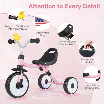 Glowing Wheels Toddler Tricycle Foldable Kids Trike with Basket and Duck Bell