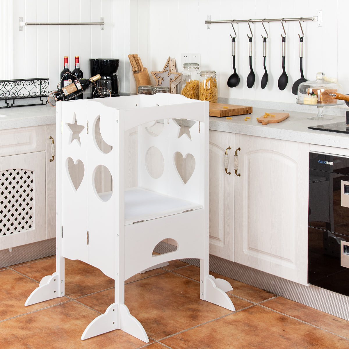 Folding Kids Kitchen Helper Kitchen Counter Step Stool-White