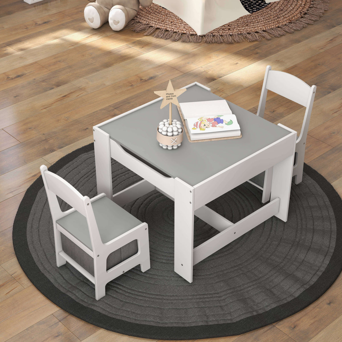 Kids Table Chairs Set With Storage Boxes Blackboard Whiteboard Drawing