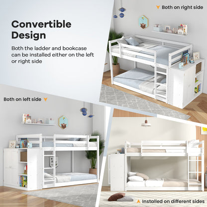 Twin Size Bunk Bed with Convertible Bookcase and Ladder-White